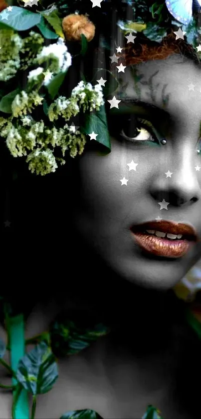 Mystical nature portrait with green foliage and butterfly on mobile wallpaper.