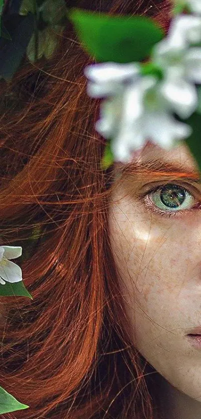 Enigmatic portrait with green eyes, surrounded by leaves and flowers.