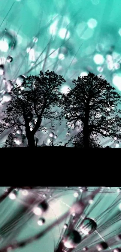 Silhouetted trees against teal, sparkling background.