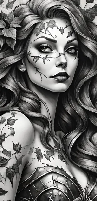 Artistic fantasy woman with leaf tattoos.