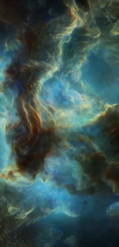 Mystical nebula wallpaper with vibrant blue and golden hues in cosmic design.