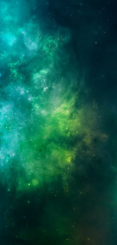 Mystical nebula with green and blue hues for mobile wallpaper.