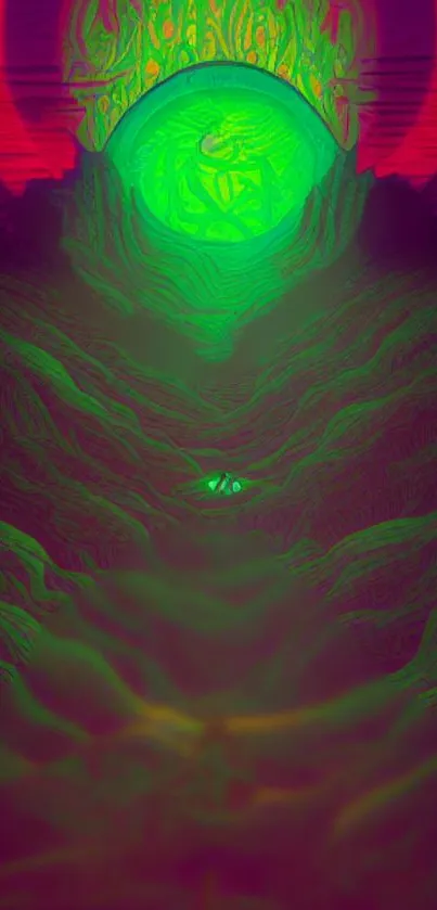 Mystical neon abstract wallpaper with green and red tones.