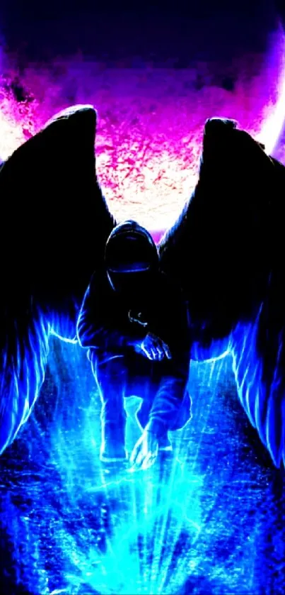 Mystical neon angel with glowing wings and cosmic background.