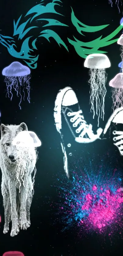 Neon wolf, jellyfish, and sneakers on a dark cosmic background.