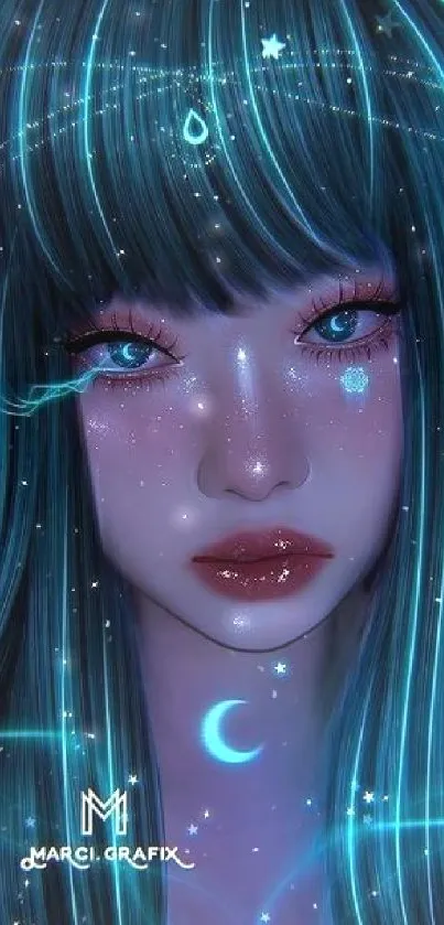 Mystical anime girl with neon blue hair and celestial motifs.