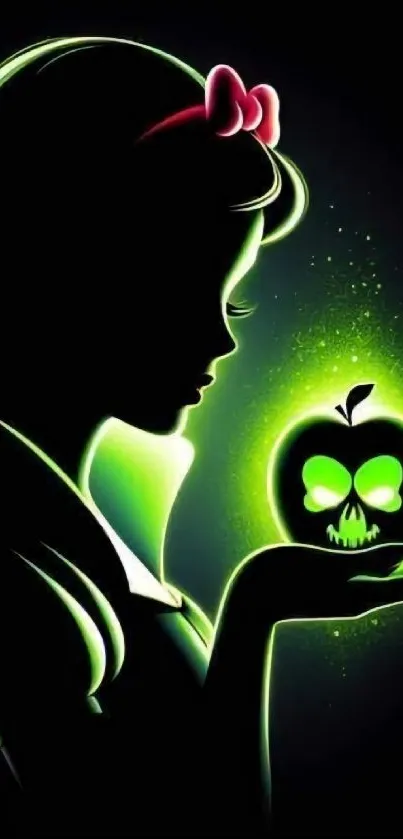 Silhouette with neon-glowing apple, mystical design.