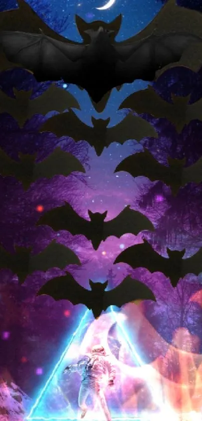 Surreal scene with neon triangle and bats in a cosmic night setting.