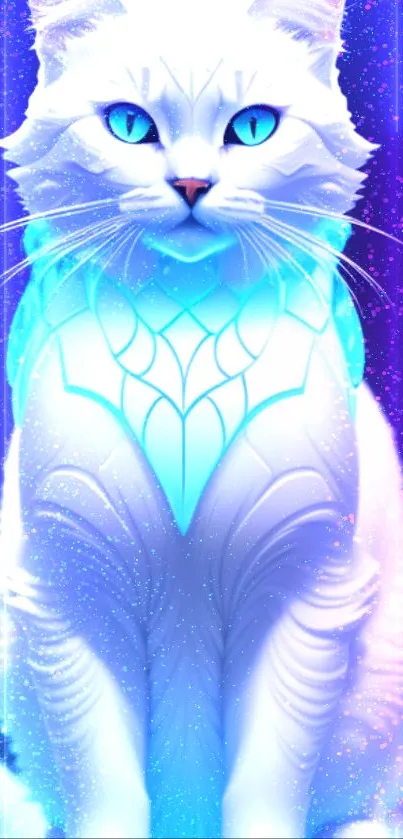 Mystical neon wallpaper featuring a white cat with blue glowing accents.