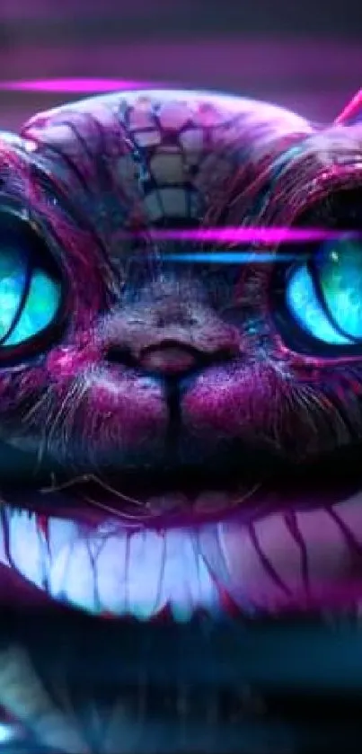 Mystical neon cat with glowing eyes on a vibrant dark background.