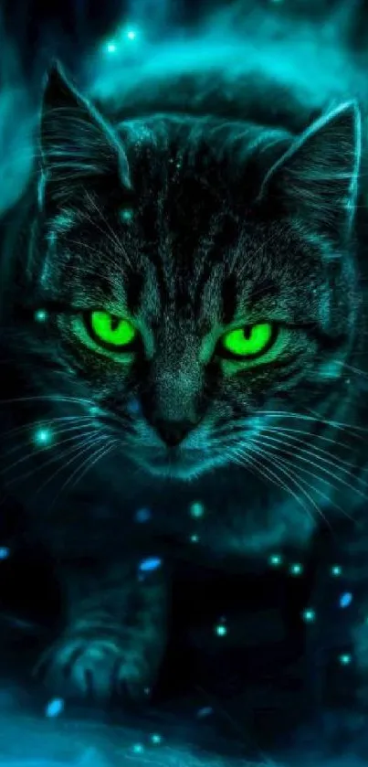 A mystical cat with neon green eyes on a dark background.