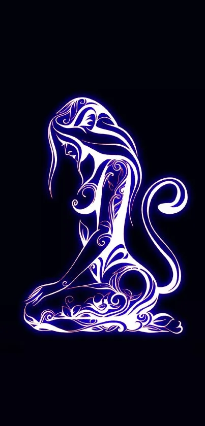 Neon cat woman silhouette on a dark blue background.