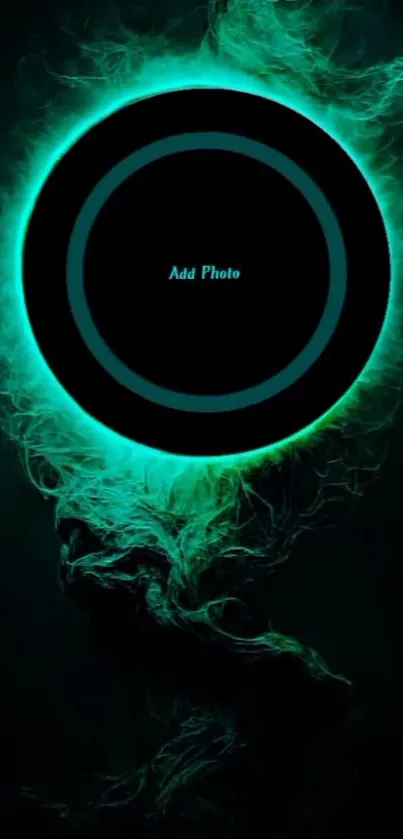 Mystical teal neon circle on dark background wallpaper.