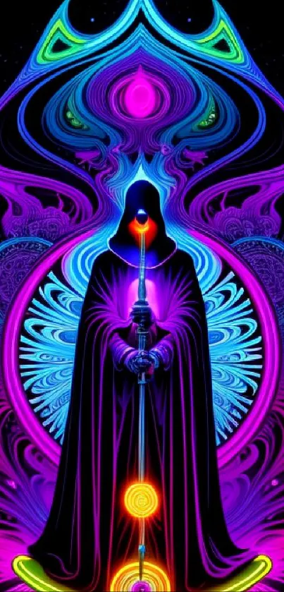 Mystical hooded figure in vibrant neon colors on a dark background.