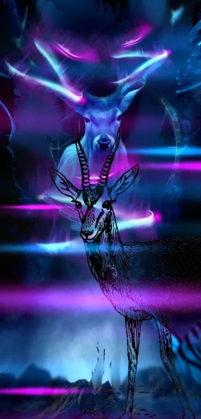 Mystical neon deer emerge in vibrant blue and purple hues, creating a fantasy art scene.