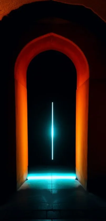 A mystical neon-lit doorway in a dark setting.