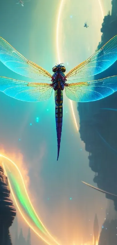 Vivid neon dragonfly against a mystical fantasy backdrop with celestial lights.