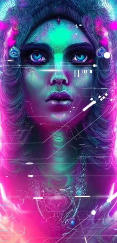 Mystical neon fantasy art featuring a vibrant, glowing woman.