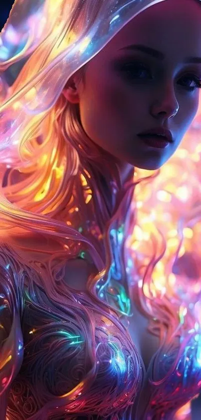 Mystical figure enveloped in vibrant neon lights with a fantasy art style.