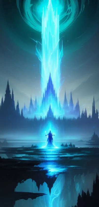 A mystical fantasy landscape with neon blue light and ethereal ambiance.