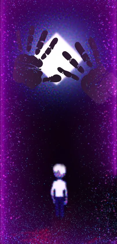 Neon fantasy wallpaper with cosmic hands and lone figure in purple tones.