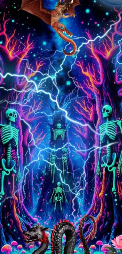 Neon forest with glowing skeletons and dragons