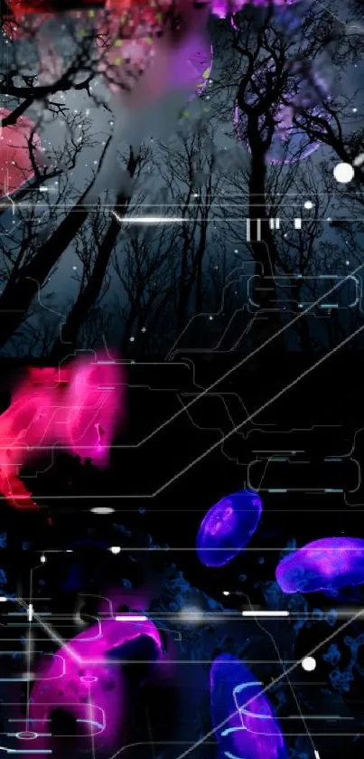 Vibrant neon forest wallpaper with abstract and mystical features in dark tones.