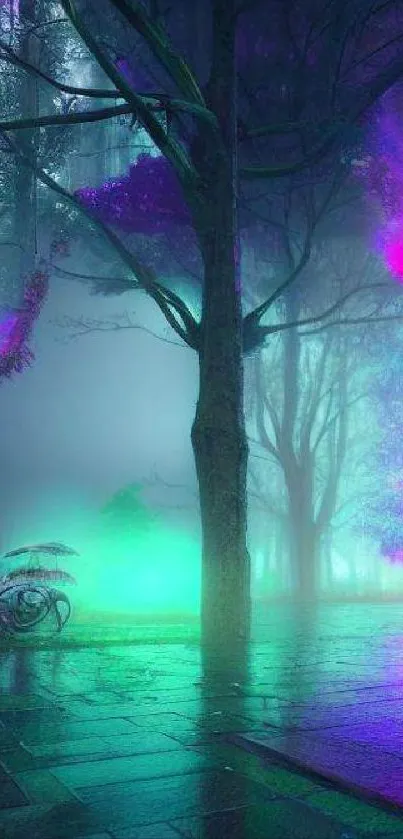 Mystical forest with neon lights and misty atmosphere.