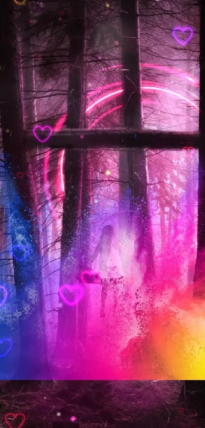 Mystical forest with neon lights and vibrant colors in an abstract style.