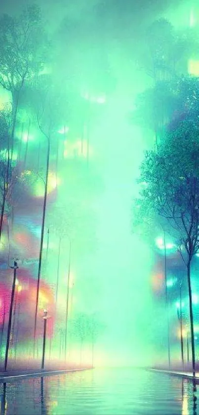 Mystical neon forest wallpaper with vibrant colors and serene atmosphere.