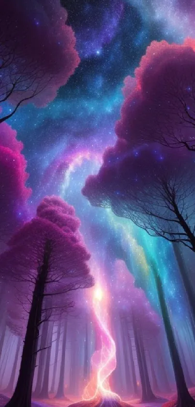 Mystical neon forest with vibrant aurora.