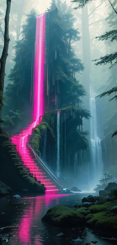 Neon pink waterfall cascading in a misty forest, creating a magical scene.