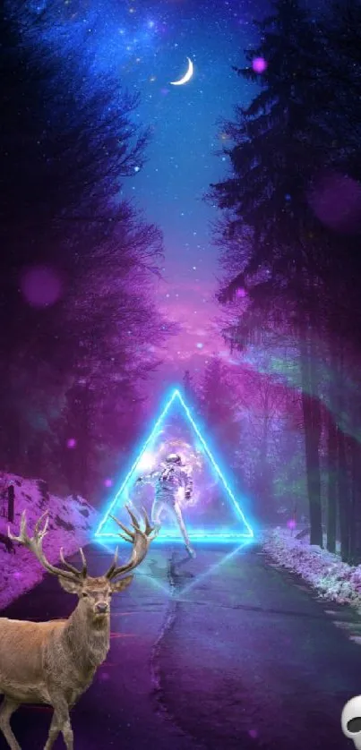 Mystical neon forest with deer and cosmic sky, perfect mobile wallpaper.