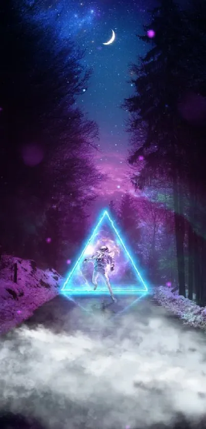 Mystical forest wallpaper with neon triangle and starry sky.