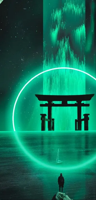 Mysterious neon green portal over water with night sky and stars.