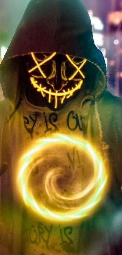 A hooded figure with a neon smile and glowing symbols, set in urban background.