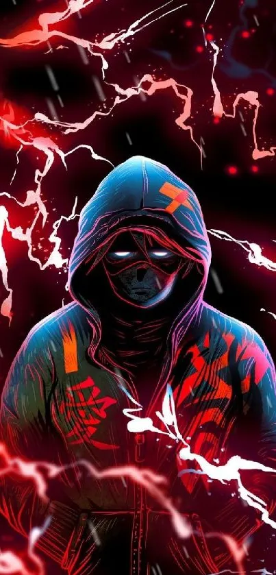 Neon hooded figure with electric effects on a dark background.