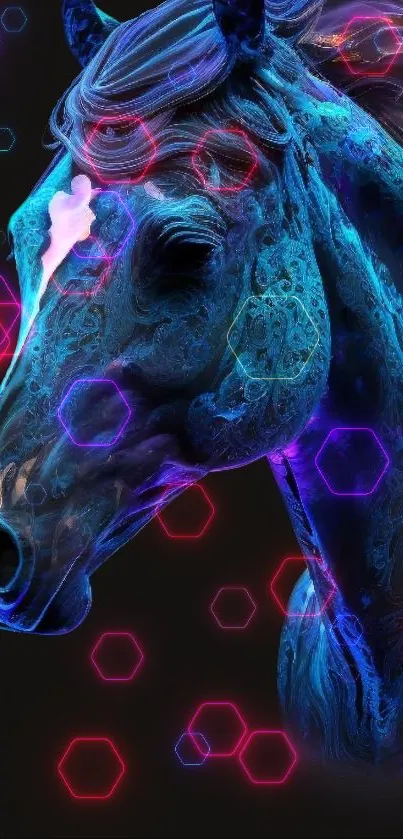 Neon blue horse with hexagonal patterns in a vibrant digital art style.