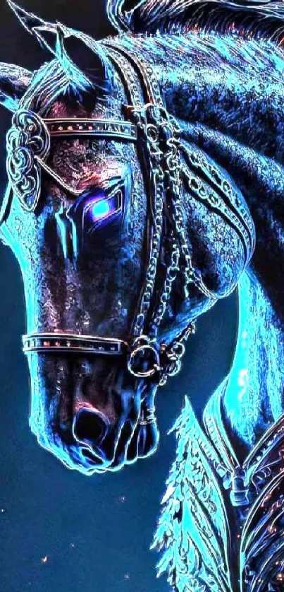 Intricate neon blue horse design with glowing elements.