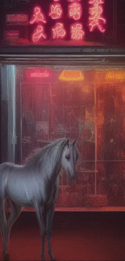 White horse stands under neon glow in a mystical urban setting.