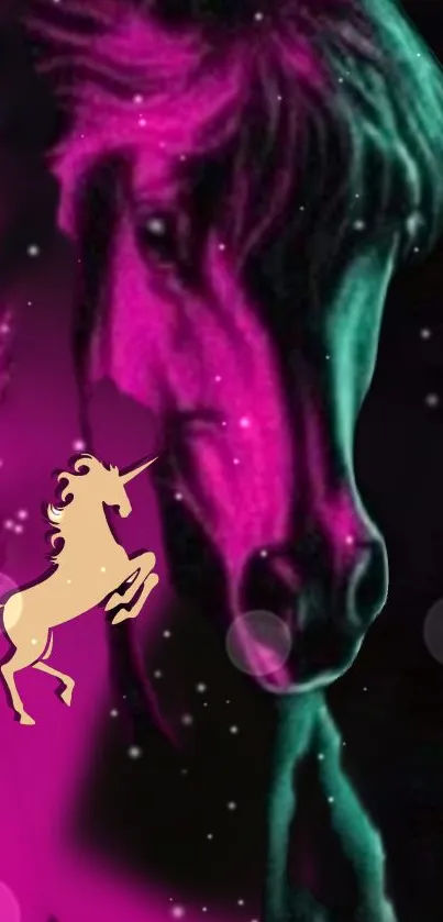 Neon horse and unicorn on a cosmic background with magenta hues.