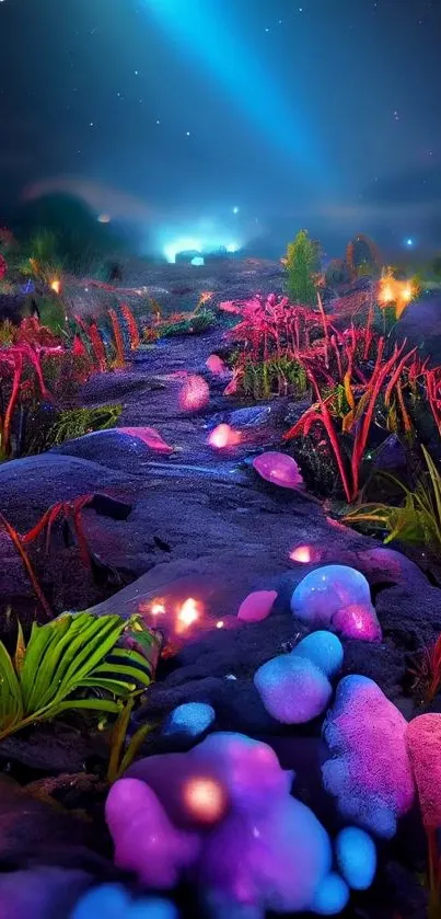 Mystical neon landscape with glowing plants and stones under a starlit sky.