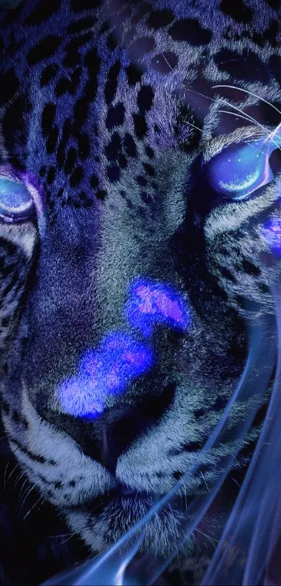 Mystical neon leopard with glowing blue eyes and vibrant hues.