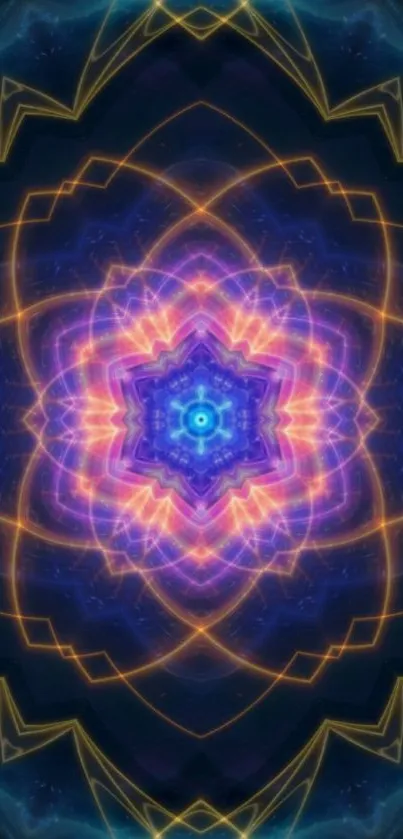 Mystical neon mandala with dark blue background.