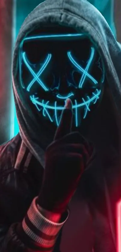 Neon blue mask with X-eyes in dark setting, futuristic vibe.