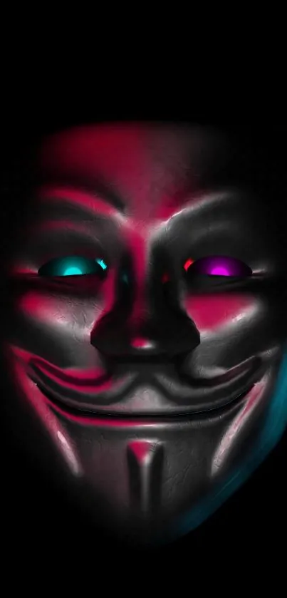 Neon mask on a black background with colorful glow accents.