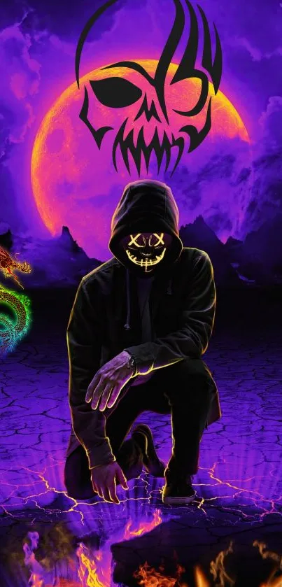 Hooded figure in neon setting with glowing mask and purple background.