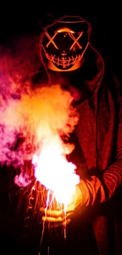 Mystical figure with a neon mask and smoke in a dark setting.