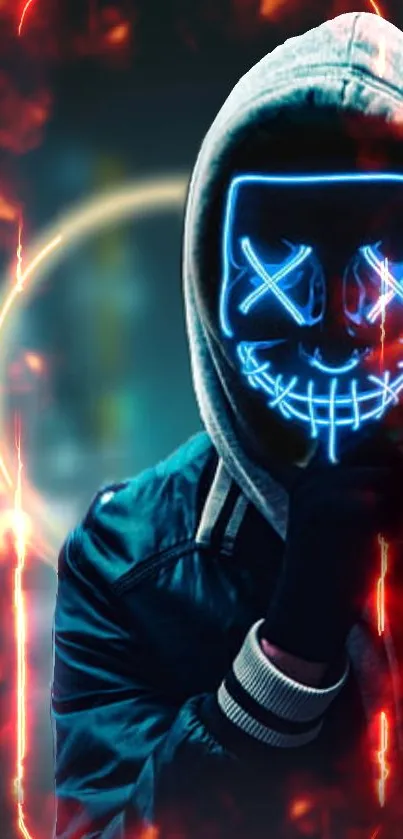 Neon masked figure amidst fiery background for mobile wallpaper.