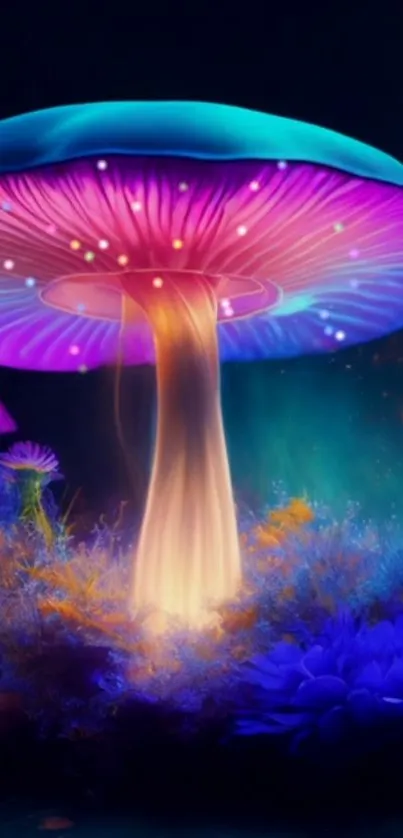 A glowing neon mushroom in a mystical, colorful nature scene.